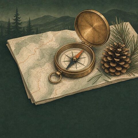 Brass compass resting on a map