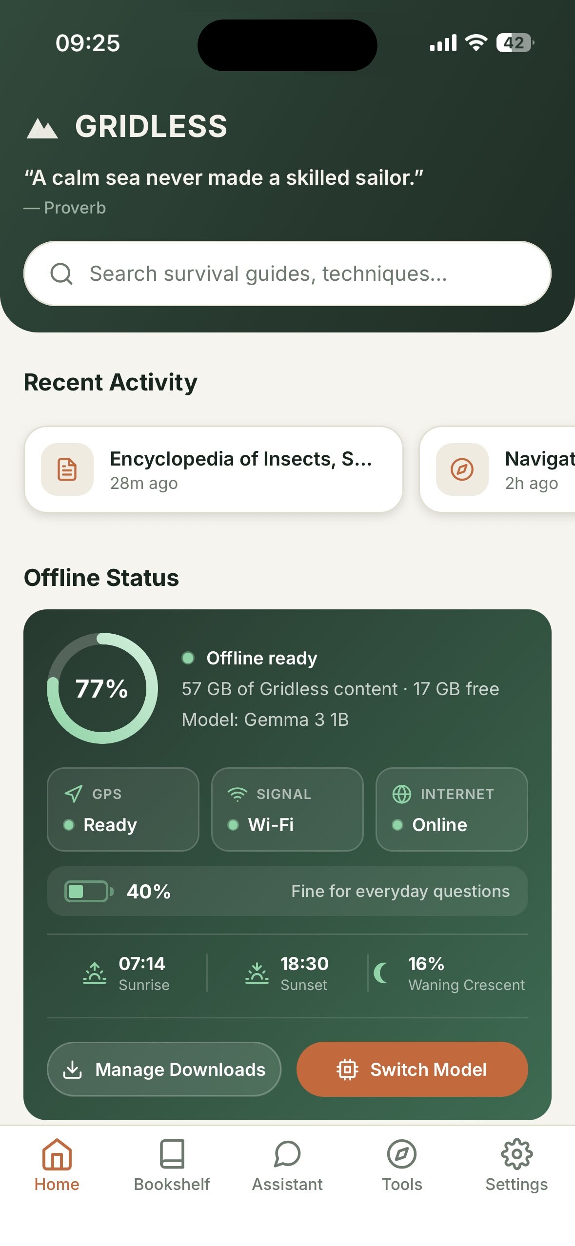 Gridless home screen showing Offline ready status