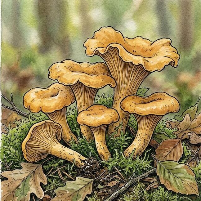 Painting of golden funnel-shaped mushrooms in moss