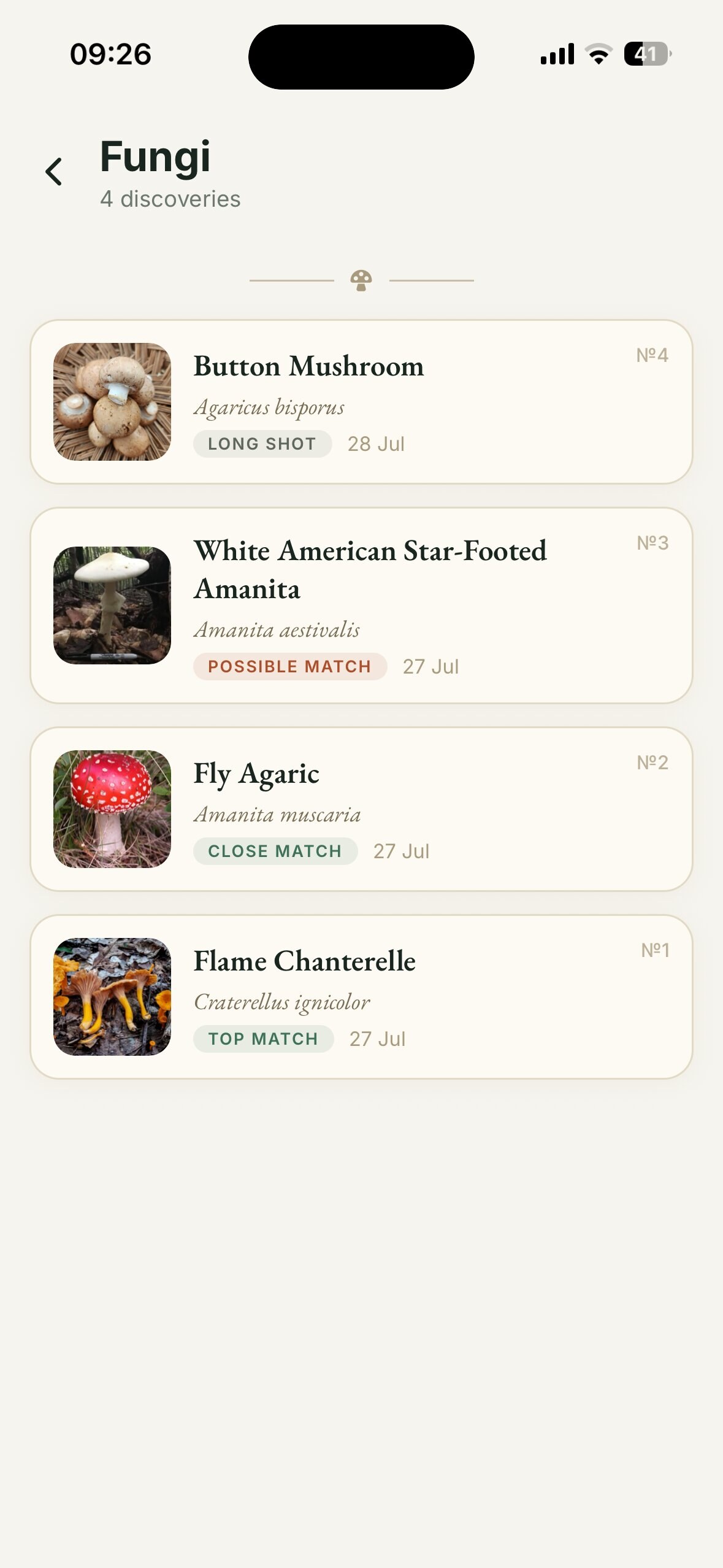 Field Journal fungi page with match labels